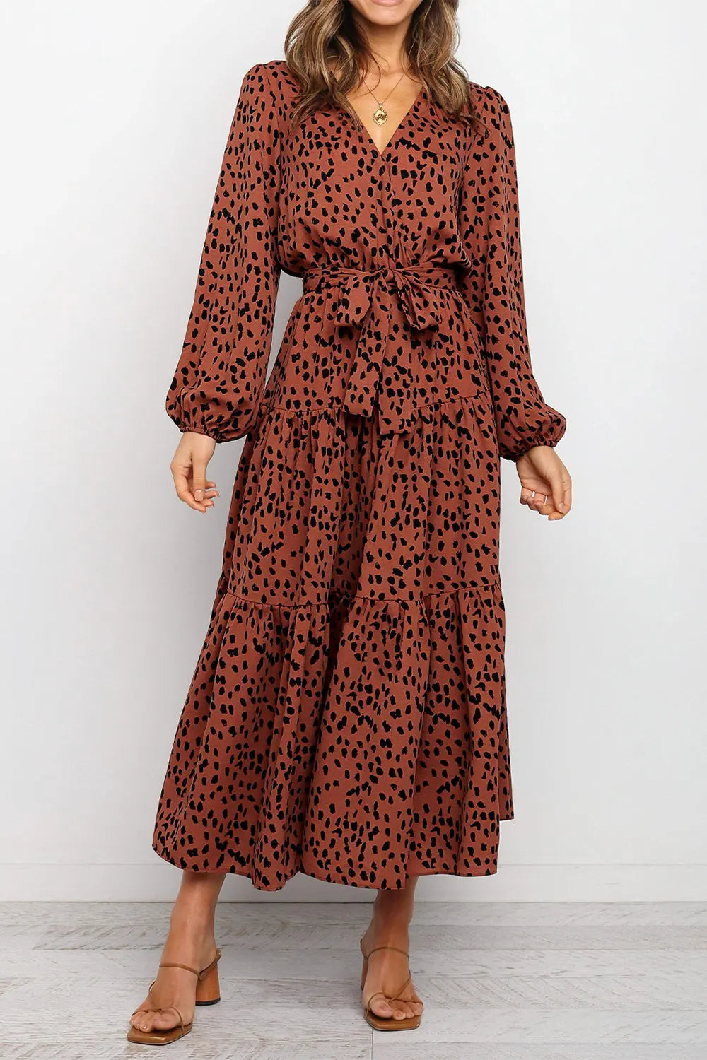 Long Sleeve V Neck Leopard Print Ruffle Tiered Maxi Dress PRETTYGARDEN