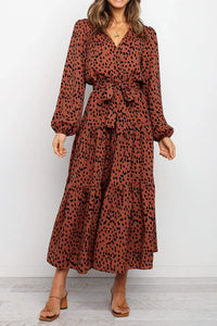 Long Sleeve V Neck Leopard Print Ruffle Tiered Maxi Dress PRETTYGARDEN