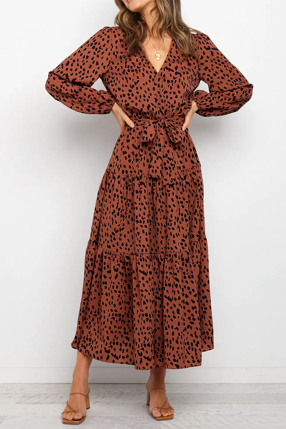 Long Sleeve V Neck Leopard Print Ruffle Tiered Maxi Dress PRETTYGARDEN