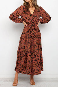 Long Sleeve V Neck Leopard Print Ruffle Tiered Maxi Dress PRETTYGARDEN