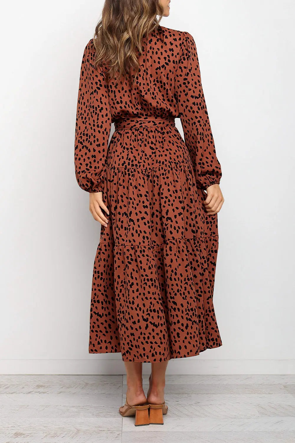 Long Sleeve V Neck Leopard Print Ruffle Tiered Maxi Dress PRETTYGARDEN