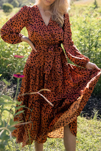 Long Sleeve V Neck Leopard Print Ruffle Tiered Maxi Dress PRETTYGARDEN