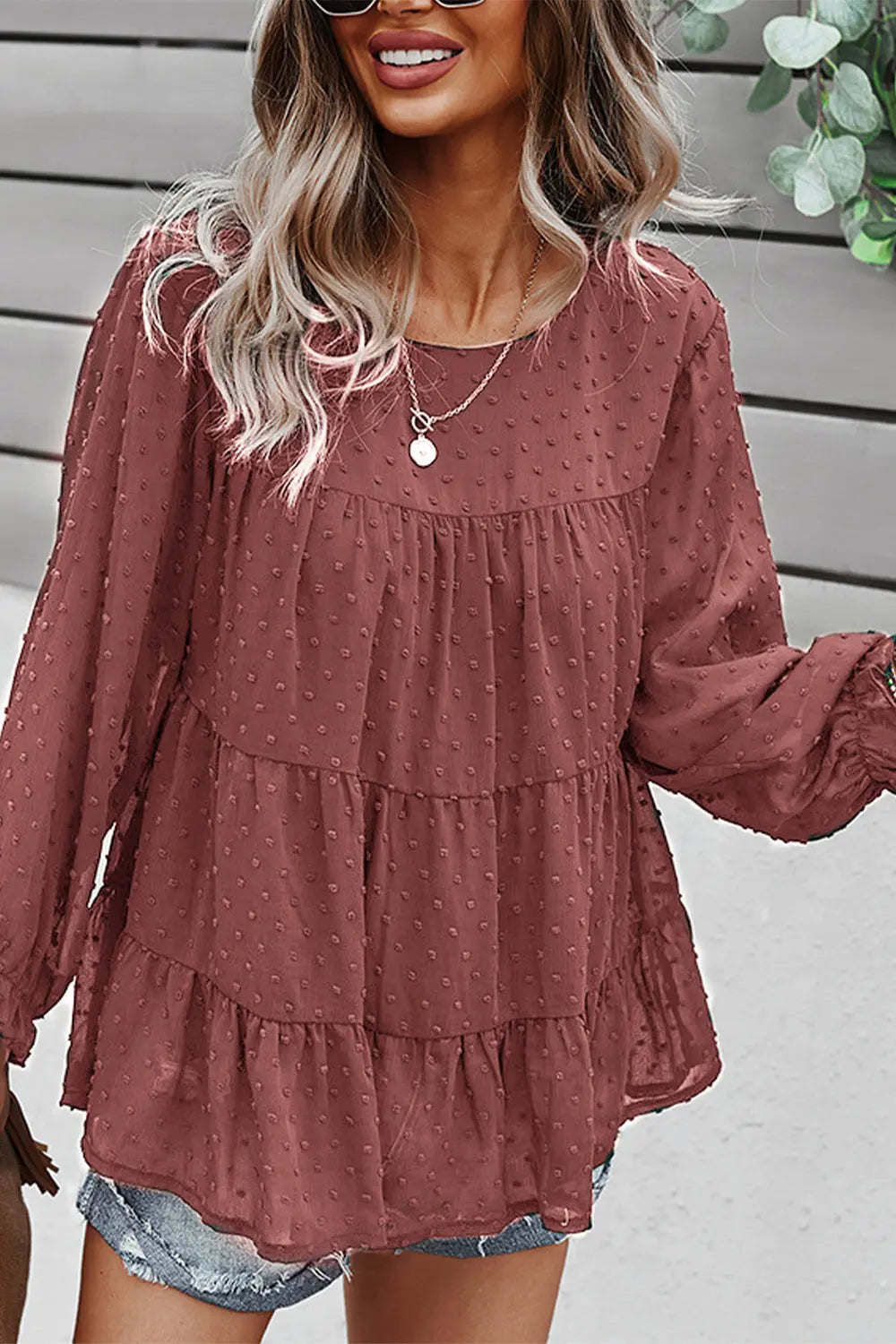 Long Sleeves Crew Neck Chicffon Blouses PomPom Pleated Top PRETTYGARDEN