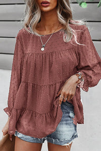 Long Sleeves Crew Neck Chicffon Blouses PomPom Pleated Top PRETTYGARDEN