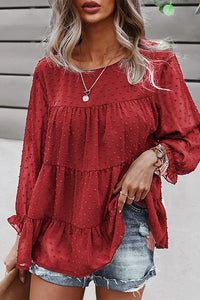 Long Sleeves Crew Neck Chicffon Blouses PomPom Pleated Top PRETTYGARDEN