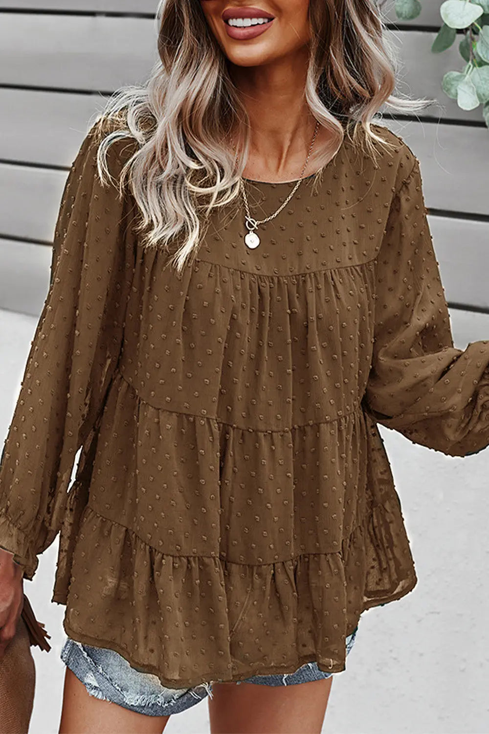 Long Sleeves Crew Neck Chicffon Blouses PomPom Pleated Top PRETTYGARDEN