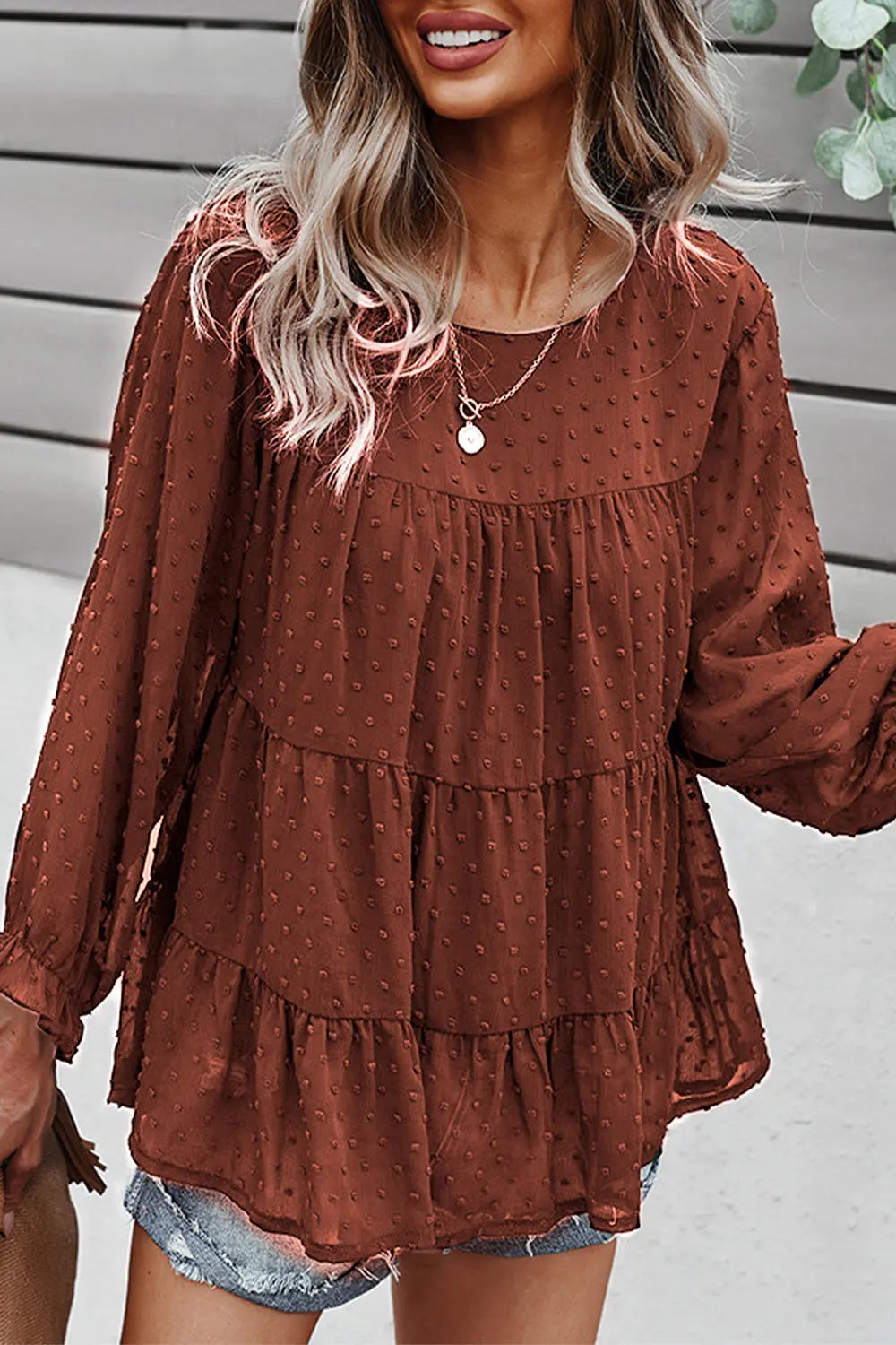 Long Sleeves Crew Neck Chicffon Blouses PomPom Pleated Top PRETTYGARDEN