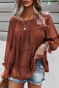 Long Sleeves Crew Neck Chicffon Blouses PomPom Pleated Top PRETTYGARDEN