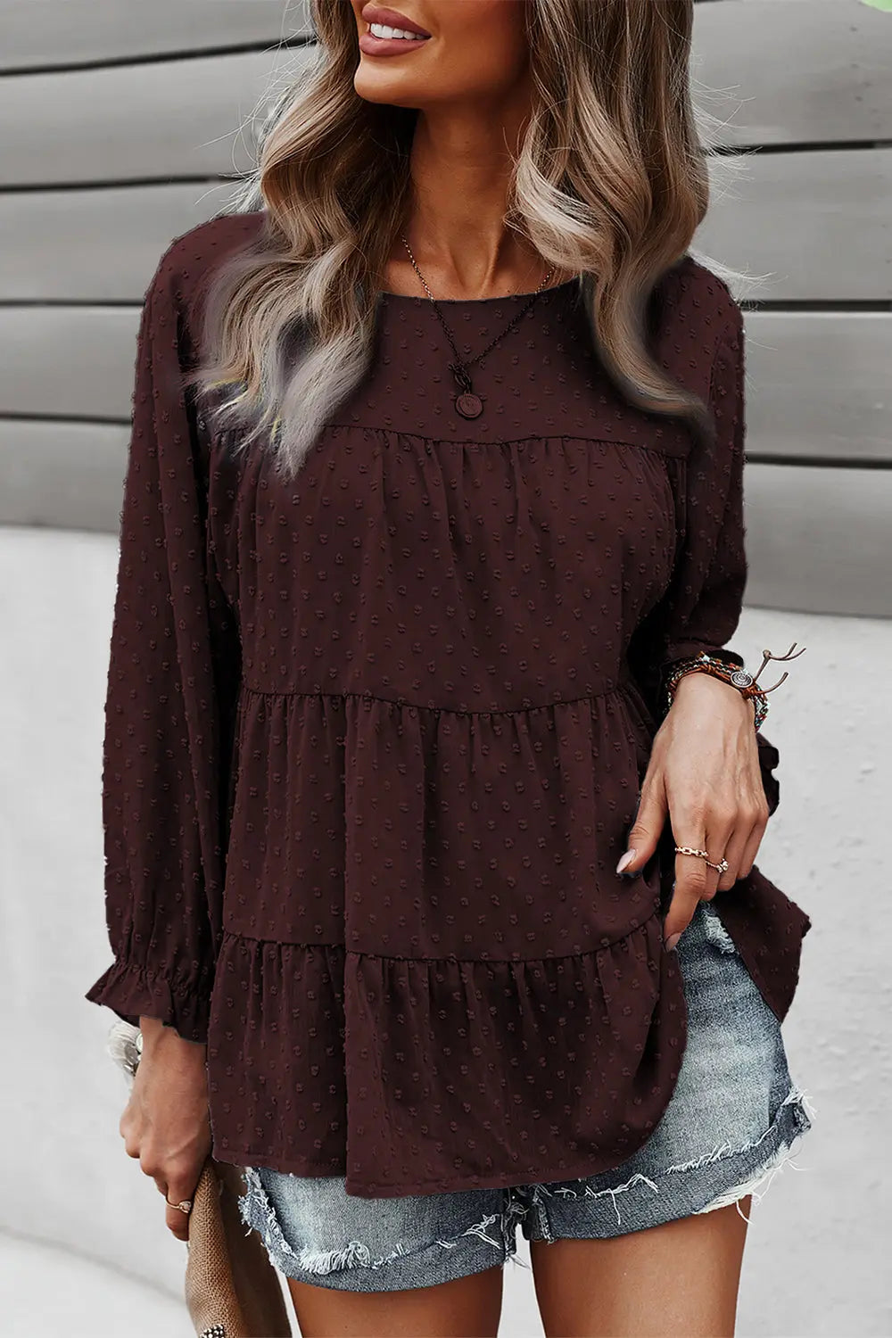 Long Sleeves Crew Neck Chicffon Blouses PomPom Pleated Top PRETTYGARDEN