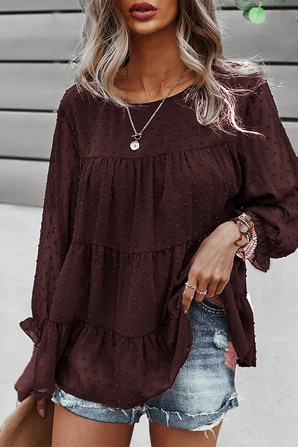 Long Sleeves Crew Neck Chicffon Blouses PomPom Pleated Top PRETTYGARDEN