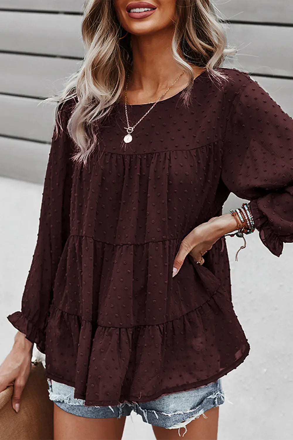 Long Sleeves Crew Neck Chicffon Blouses PomPom Pleated Top PRETTYGARDEN