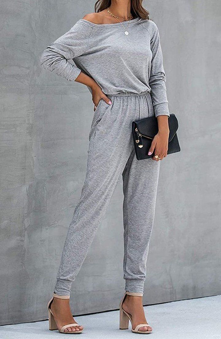 Loose Solid Off Shoulder Elastic Waist Stretchy  Jumpsuit PRETTYGARDEN