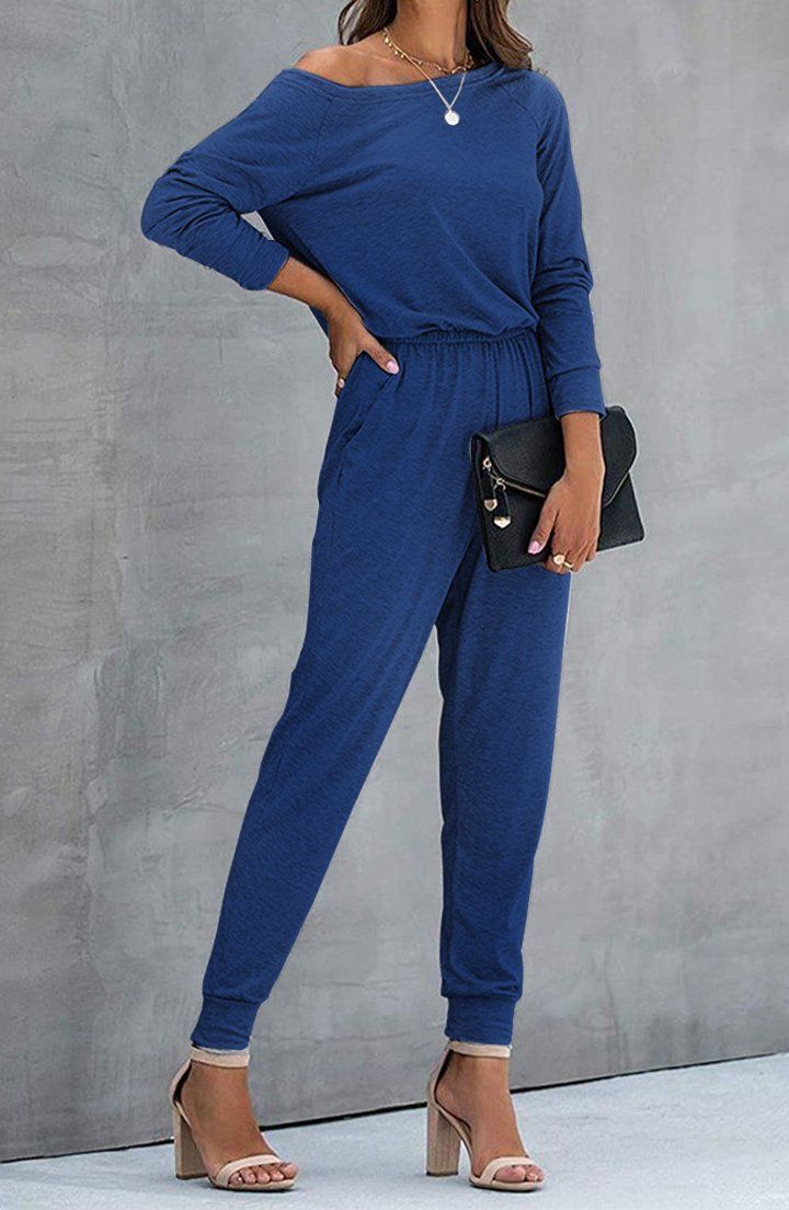 Loose Solid Off Shoulder Elastic Waist Stretchy  Jumpsuit PRETTYGARDEN