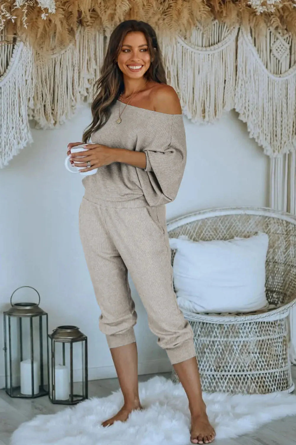 Off Shoulder Long Sleeve Pullover Long Pants with Pockets PRETTYGARDEN