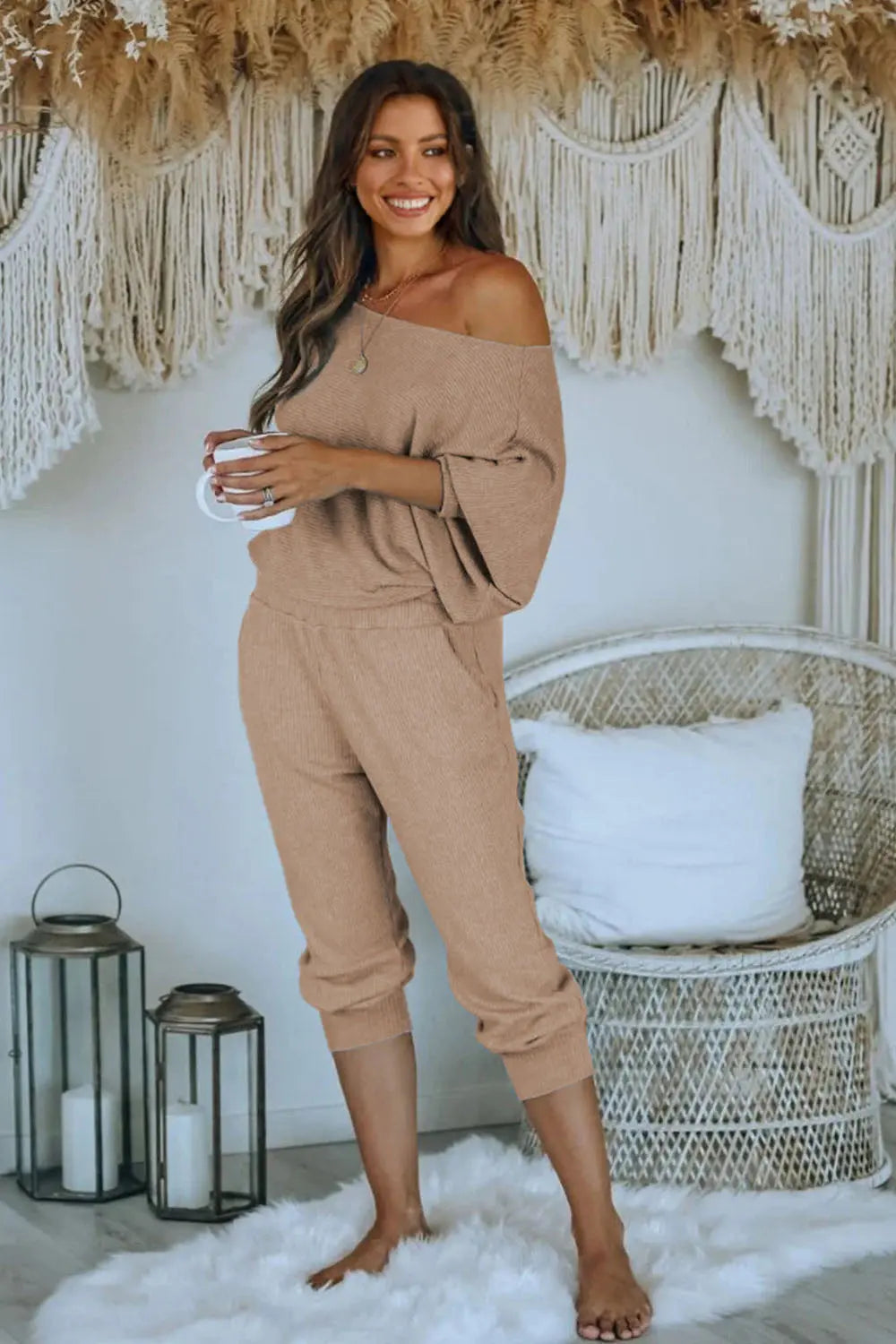 Off Shoulder Long Sleeve Pullover Long Pants with Pockets PRETTYGARDEN