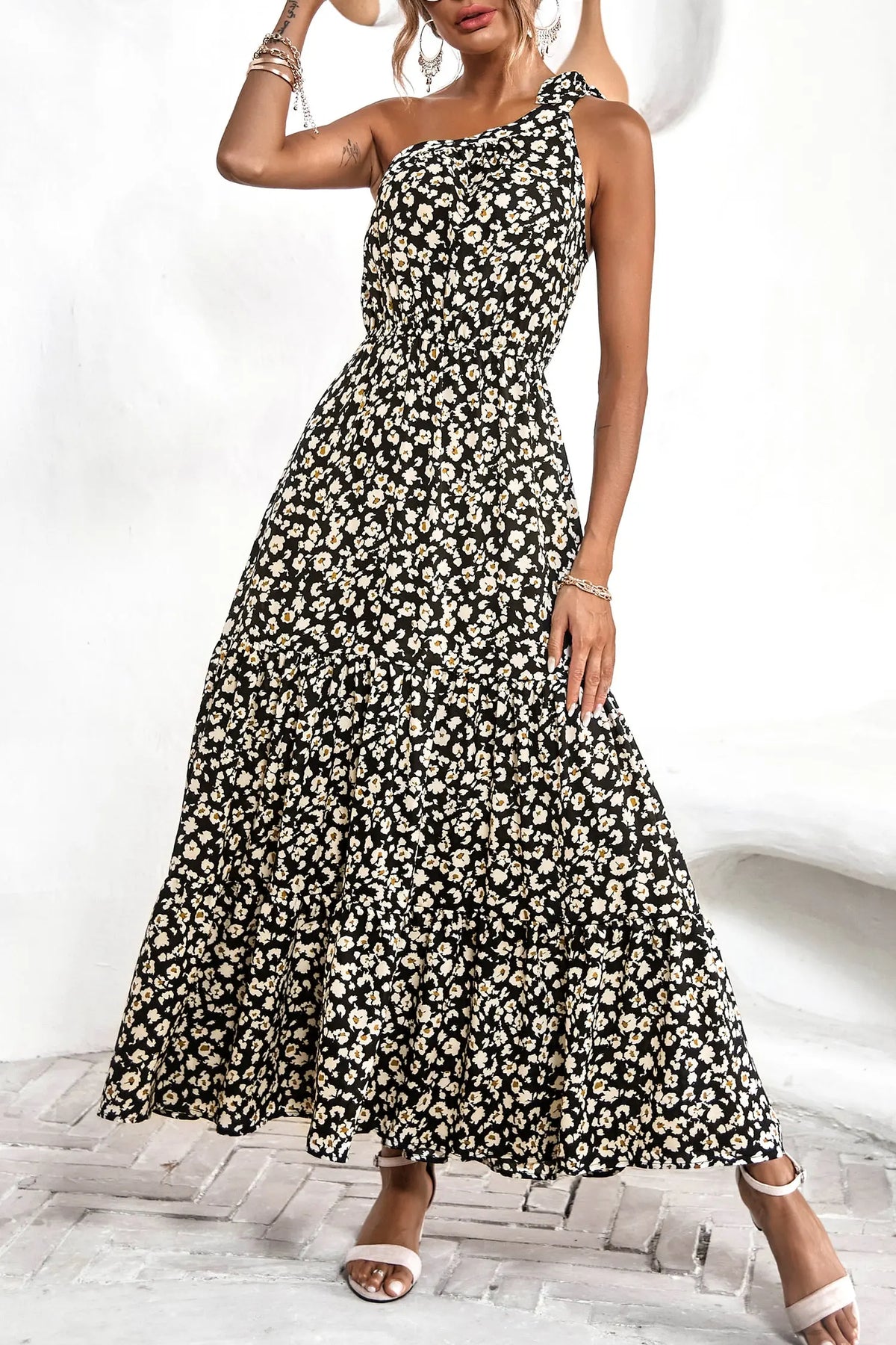 One Shoulder Ruffle Tie Floral Print Summer Maxi Dress PRETTYGARDEN