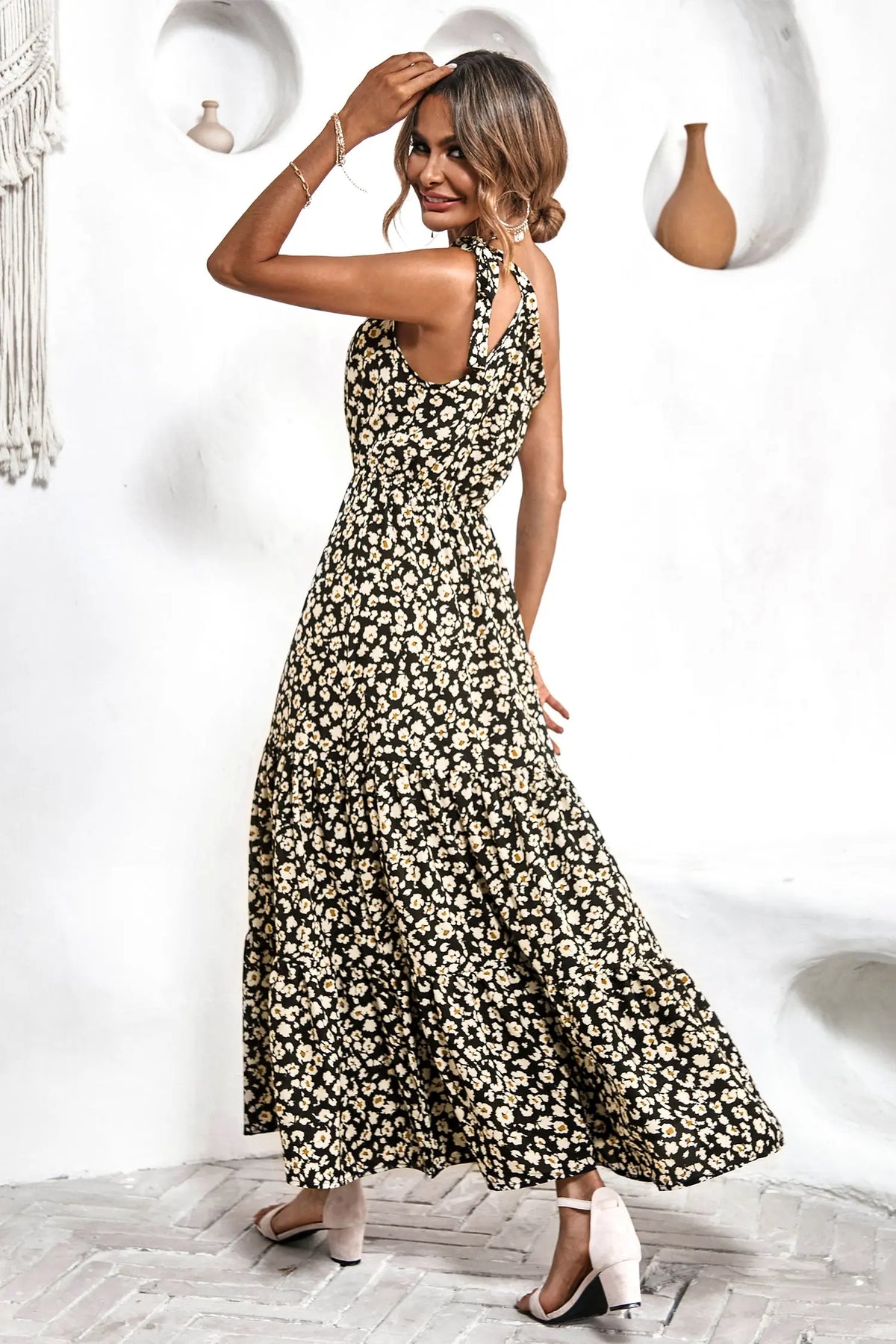 One Shoulder Ruffle Tie Floral Print Summer Maxi Dress PRETTYGARDEN