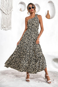 One Shoulder Ruffle Tie Floral Print Summer Maxi Dress PRETTYGARDEN