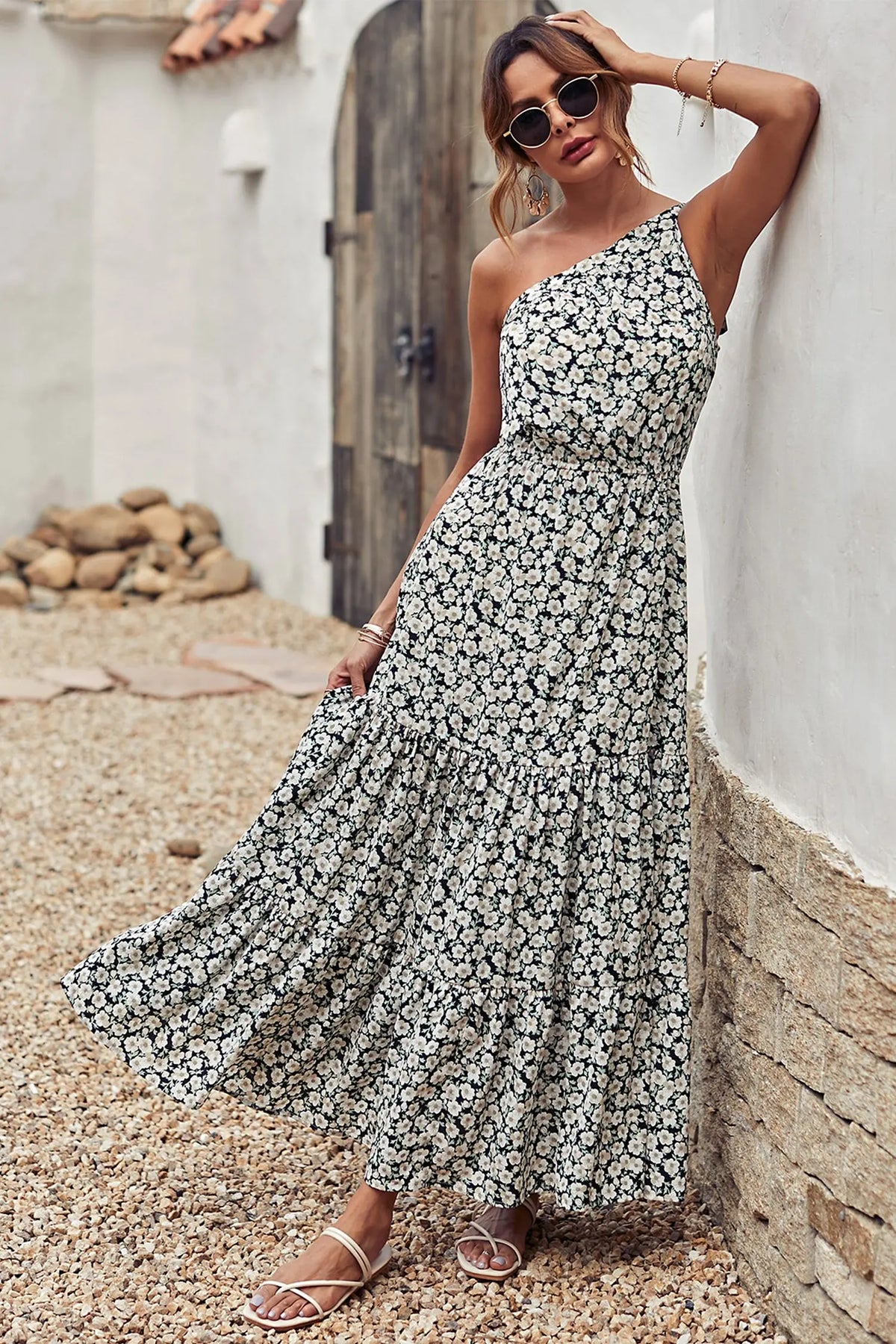 One Shoulder Ruffle Tie Floral Print Summer Maxi Dress PRETTYGARDEN