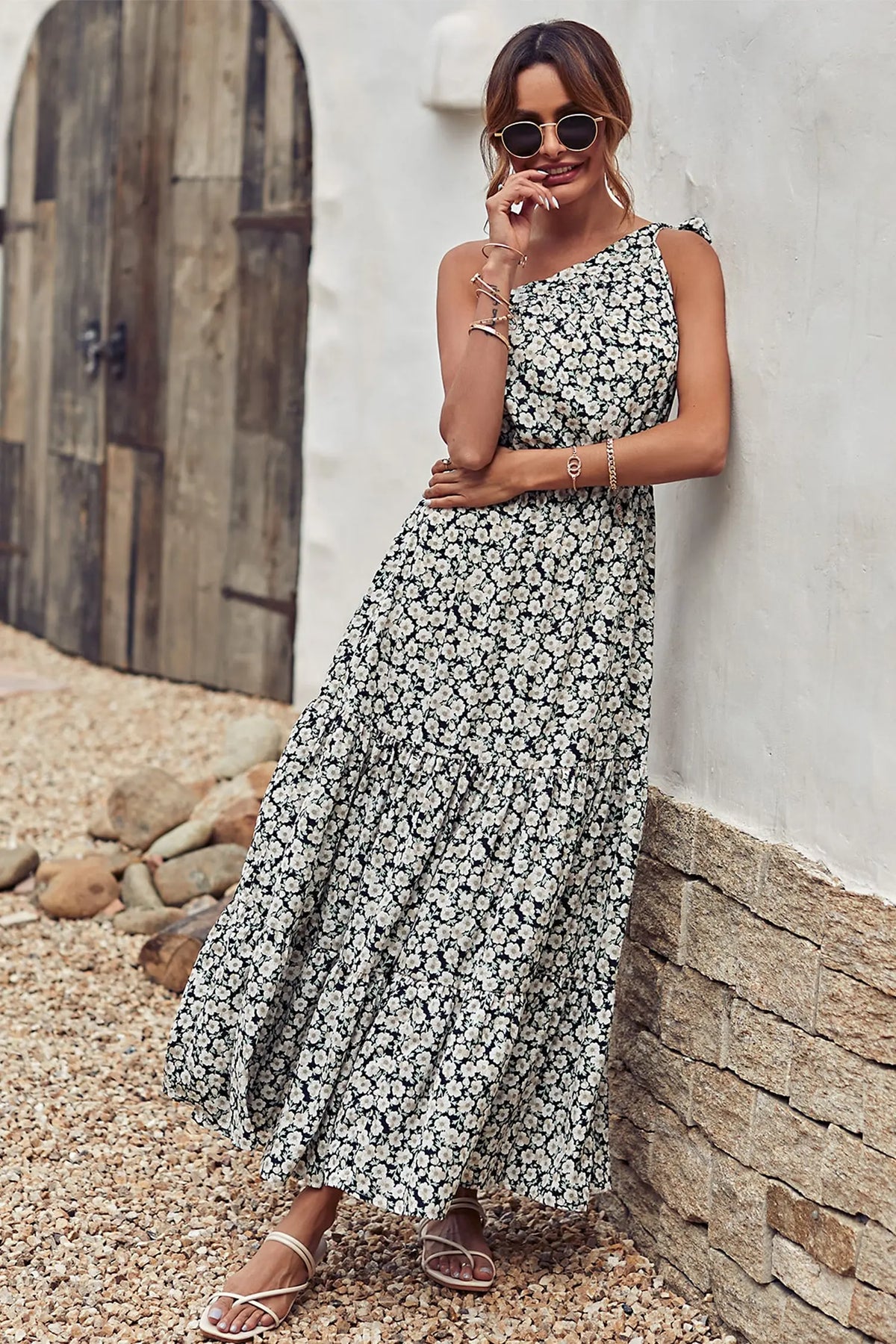 One Shoulder Ruffle Tie Floral Print Summer Maxi Dress PRETTYGARDEN