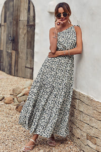 One Shoulder Ruffle Tie Floral Print Summer Maxi Dress PRETTYGARDEN