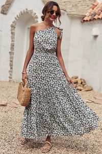 One Shoulder Ruffle Tie Floral Print Summer Maxi Dress PRETTYGARDEN