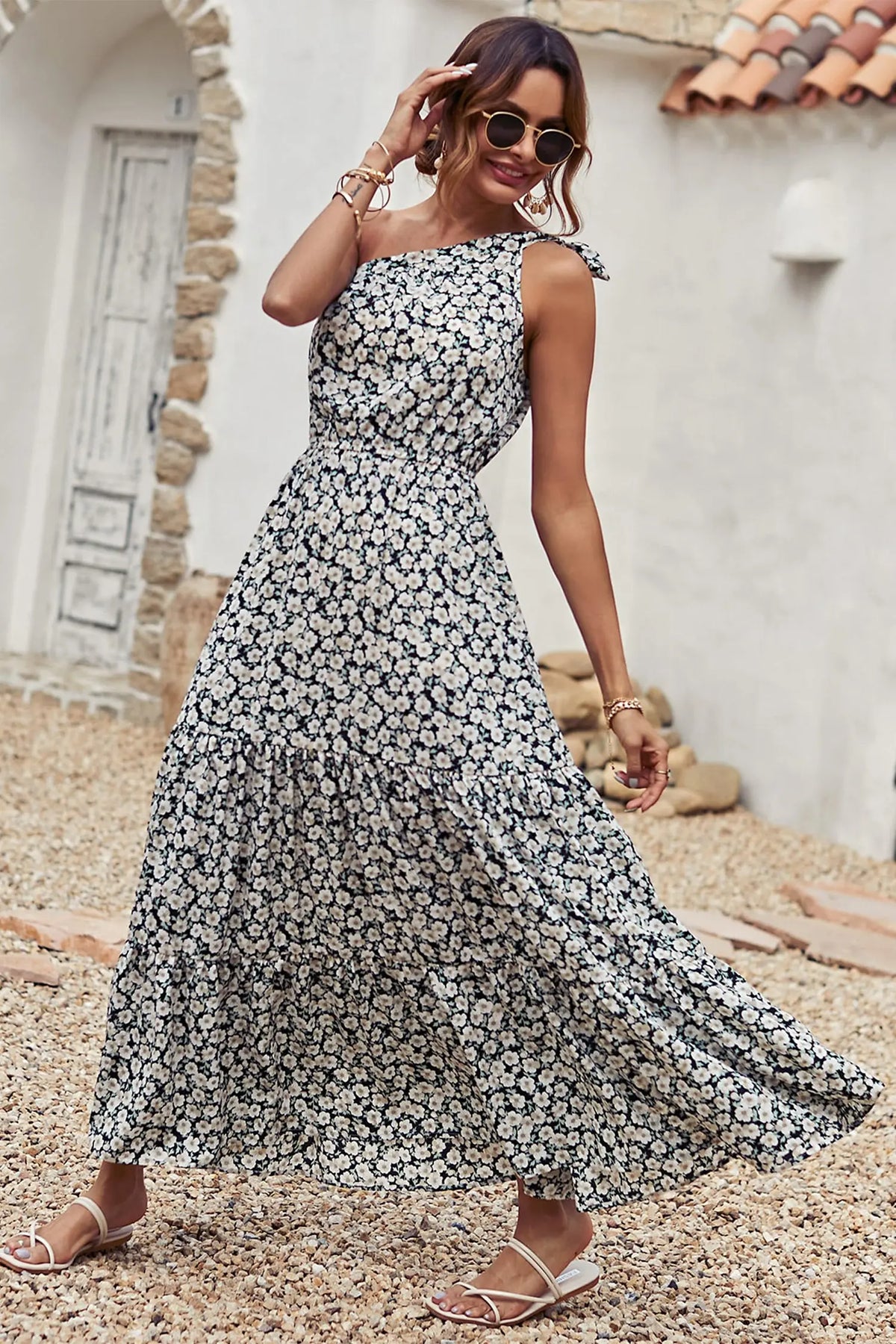 One Shoulder Ruffle Tie Floral Print Summer Maxi Dress PRETTYGARDEN