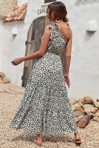 One Shoulder Ruffle Tie Floral Print Summer Maxi Dress PRETTYGARDEN