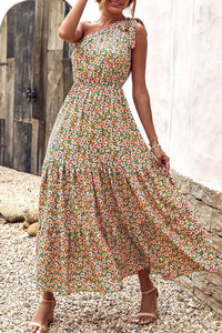 One Shoulder Ruffle Tie Floral Print Summer Maxi Dress PRETTYGARDEN