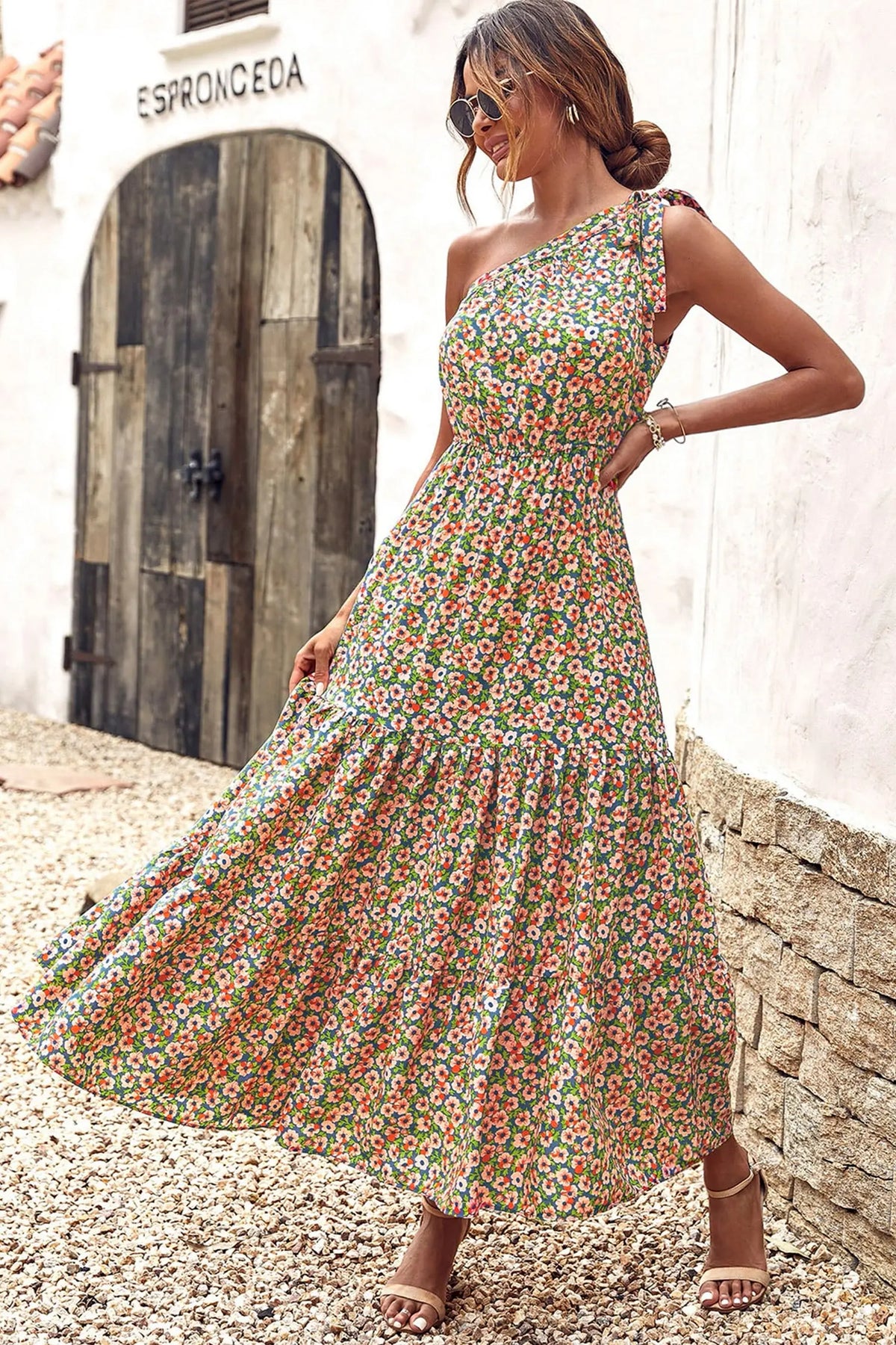 One Shoulder Ruffle Tie Floral Print Summer Maxi Dress PRETTYGARDEN