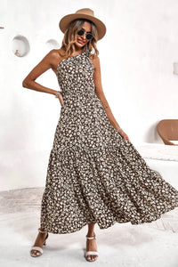 One Shoulder Ruffle Tie Floral Print Summer Maxi Dress PRETTYGARDEN