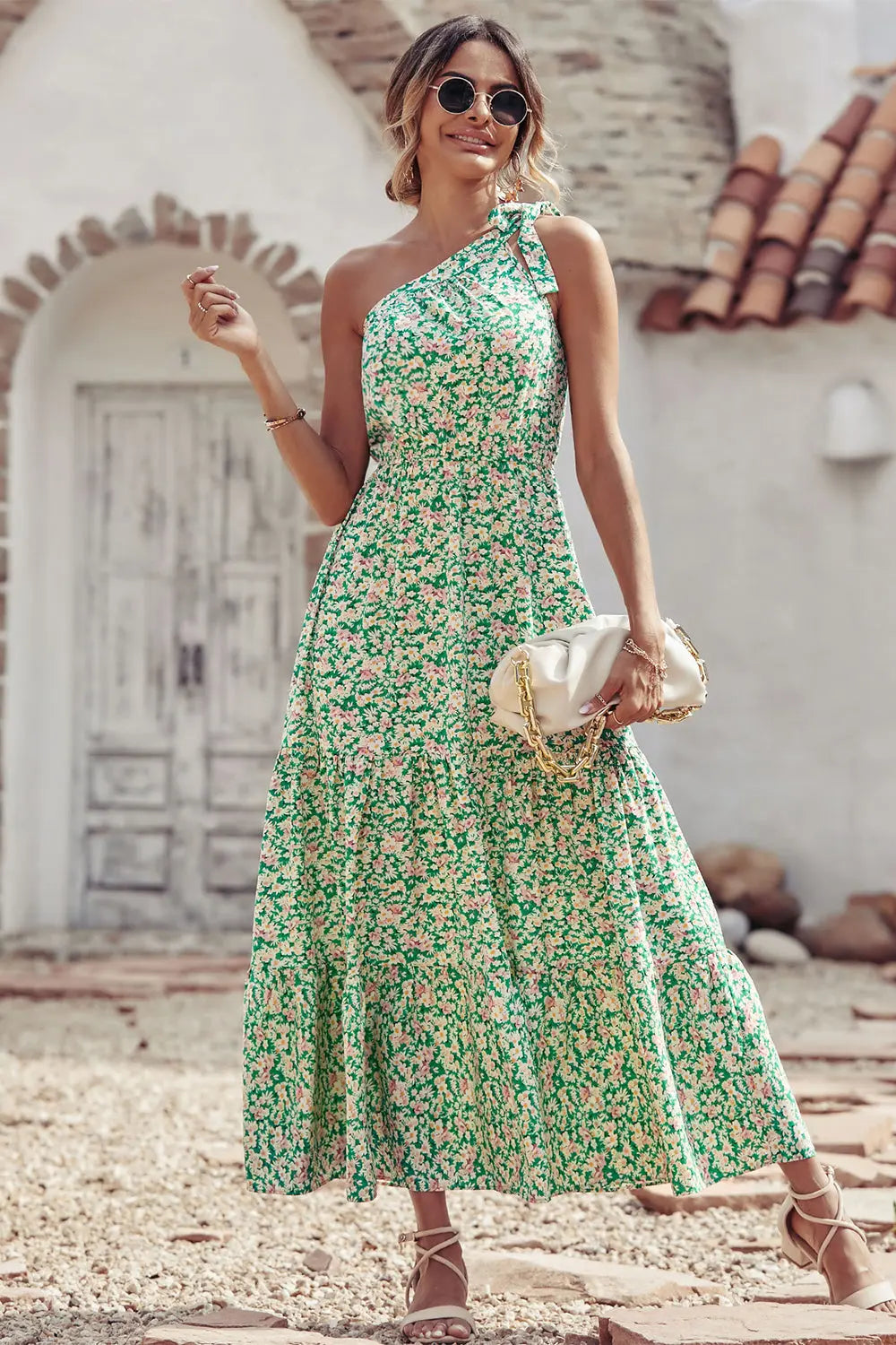 One Shoulder Ruffle Tie Floral Print Summer Maxi Dress PRETTYGARDEN