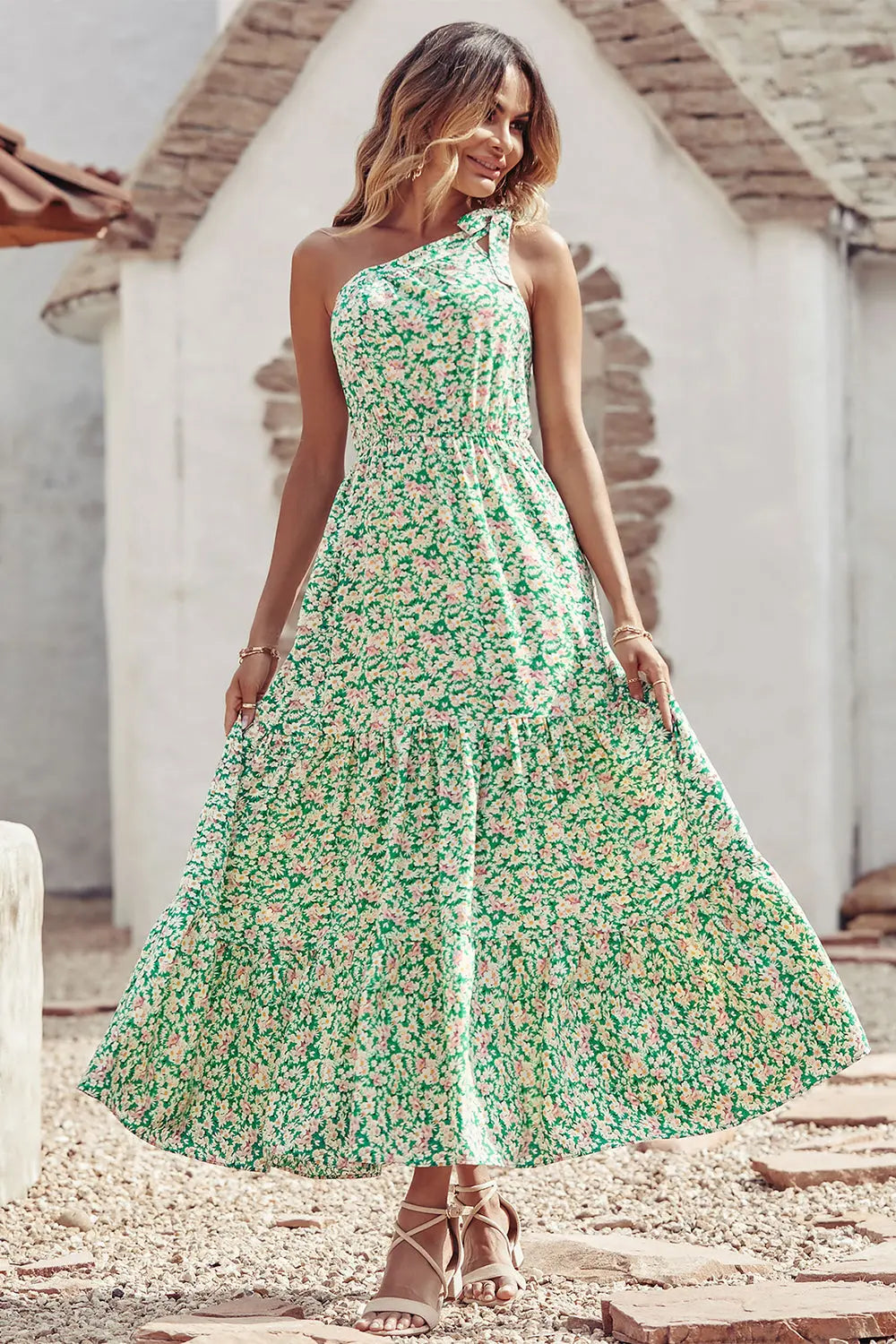 One Shoulder Ruffle Tie Floral Print Summer Maxi Dress PRETTYGARDEN