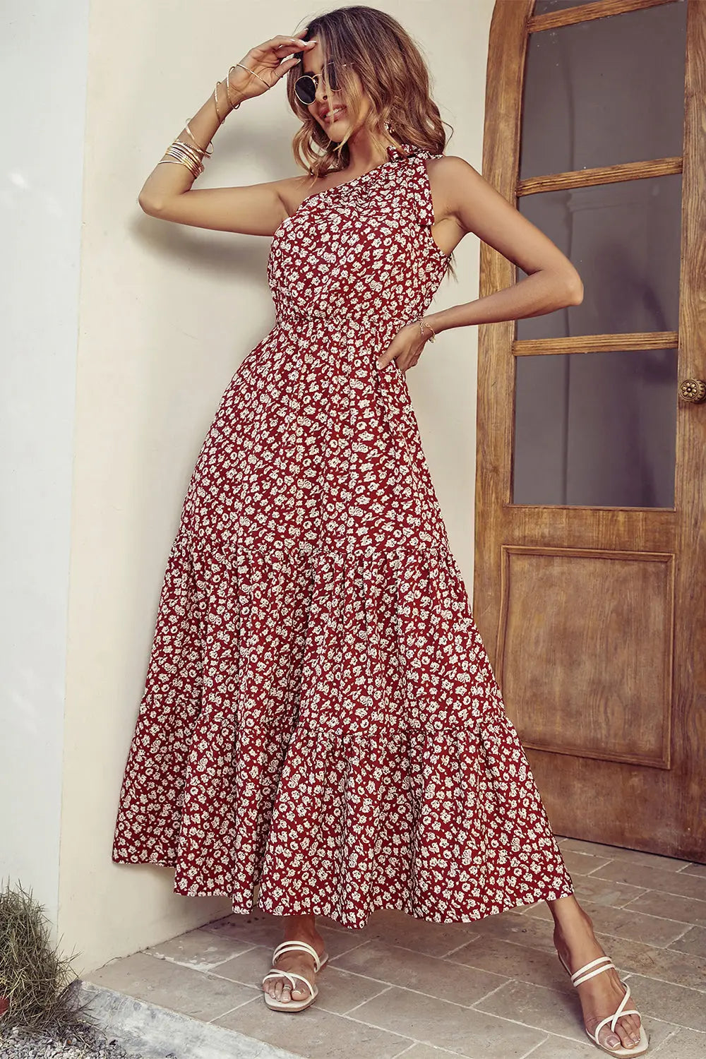 One Shoulder Ruffle Tie Floral Print Summer Maxi Dress PRETTYGARDEN