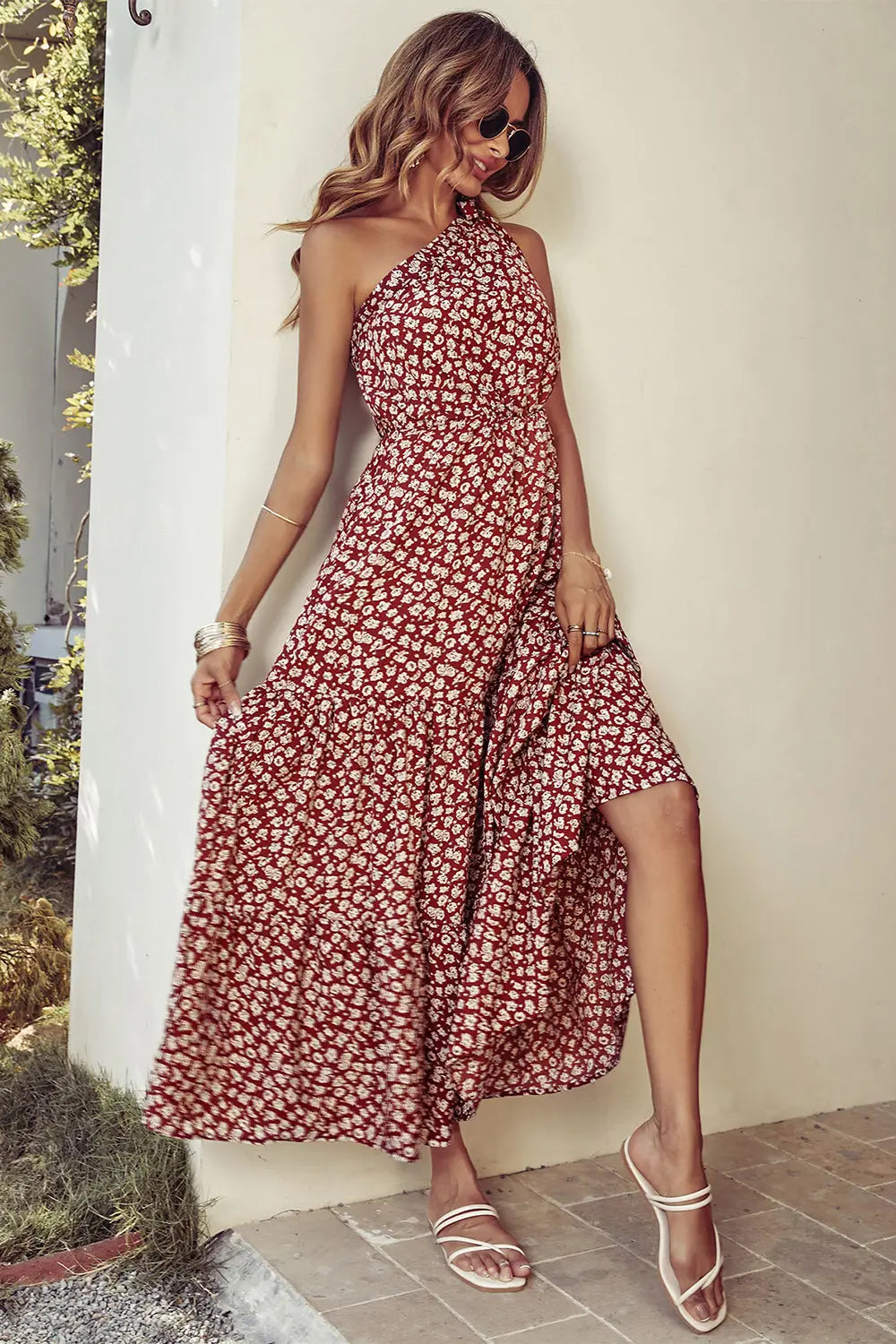 One Shoulder Ruffle Tie Floral Print Summer Maxi Dress PRETTYGARDEN