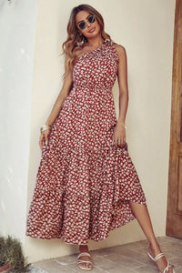 One Shoulder Ruffle Tie Floral Print Summer Maxi Dress PRETTYGARDEN