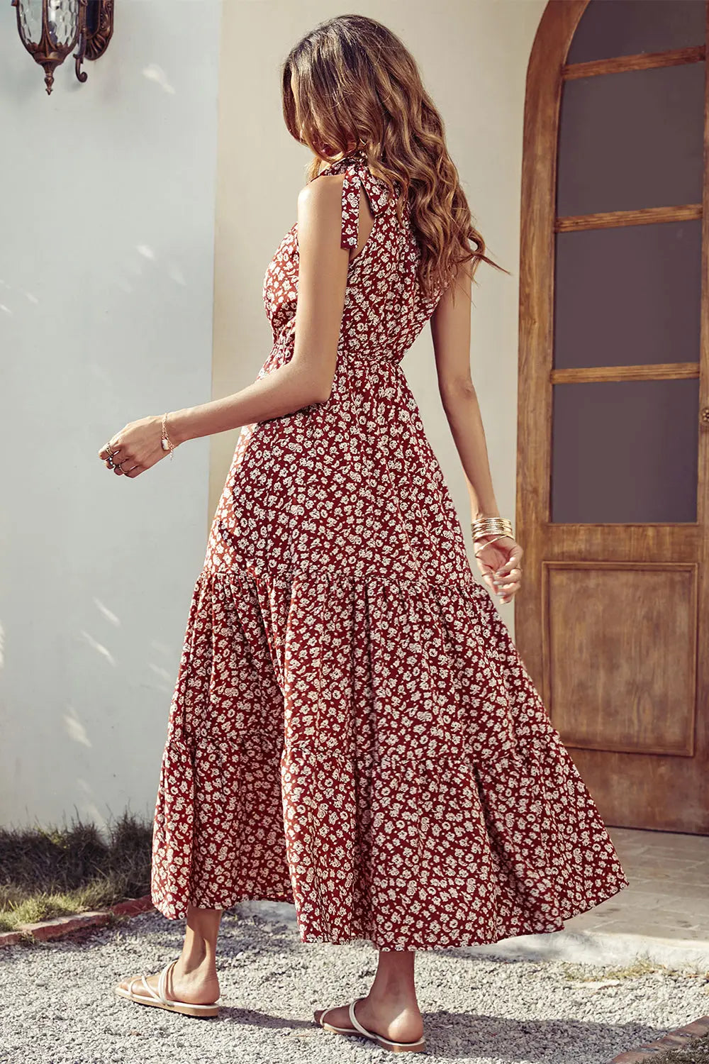 One Shoulder Ruffle Tie Floral Print Summer Maxi Dress PRETTYGARDEN