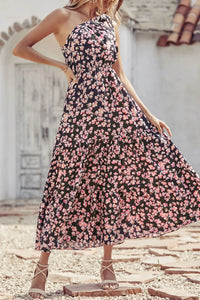 One Shoulder Ruffle Tie Floral Print Summer Maxi Dress PRETTYGARDEN