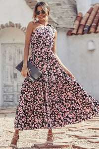 One Shoulder Ruffle Tie Floral Print Summer Maxi Dress PRETTYGARDEN