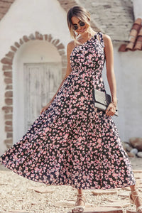 One Shoulder Ruffle Tie Floral Print Summer Maxi Dress PRETTYGARDEN