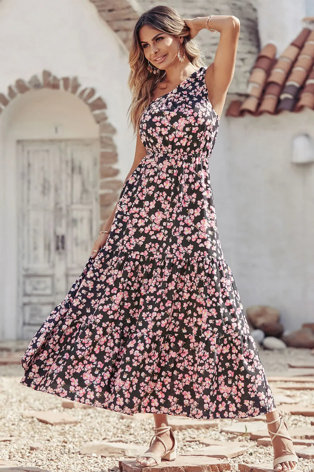 One Shoulder Ruffle Tie Floral Print Summer Maxi Dress PRETTYGARDEN