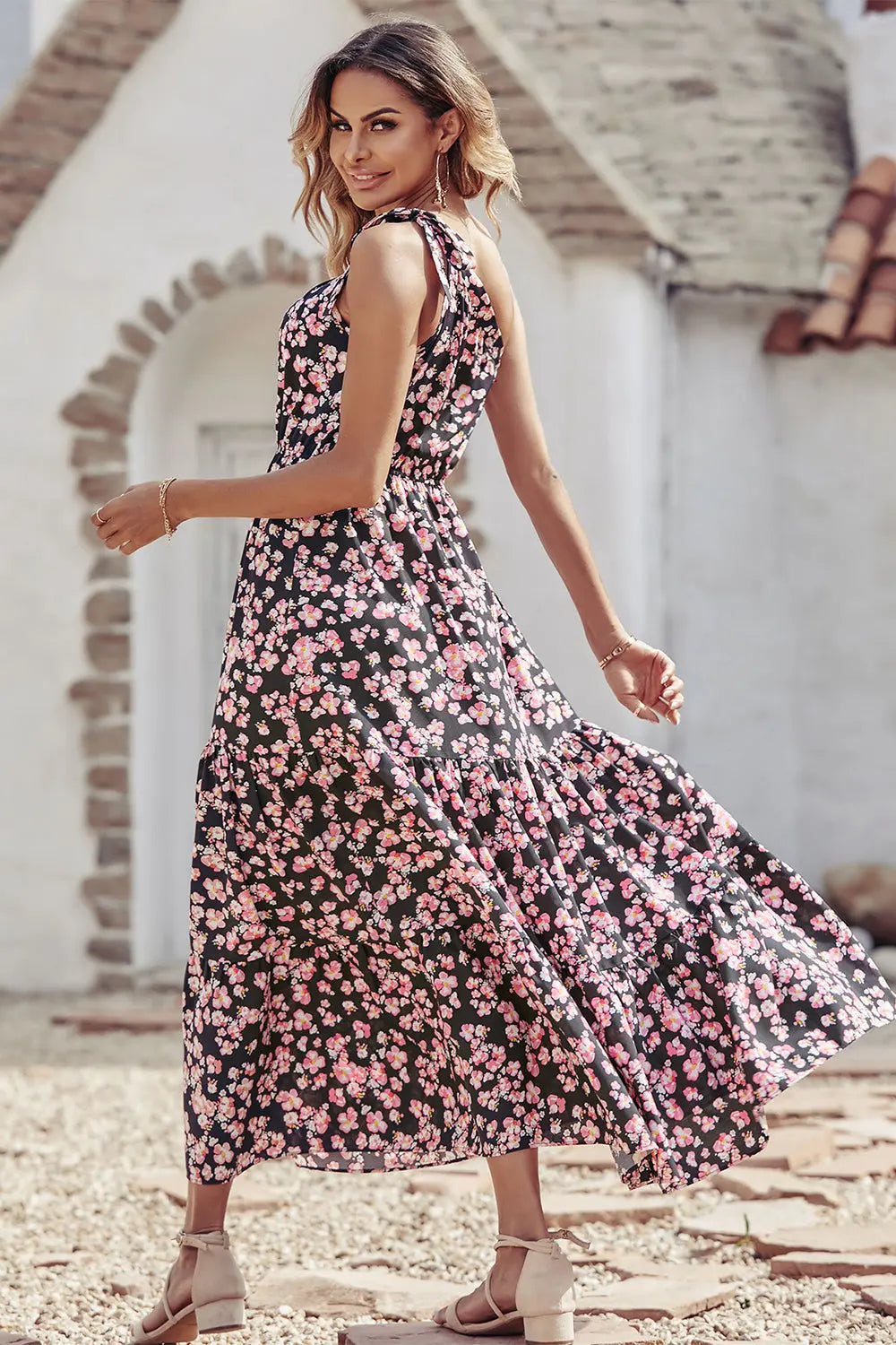 One Shoulder Ruffle Tie Floral Print Summer Maxi Dress PRETTYGARDEN