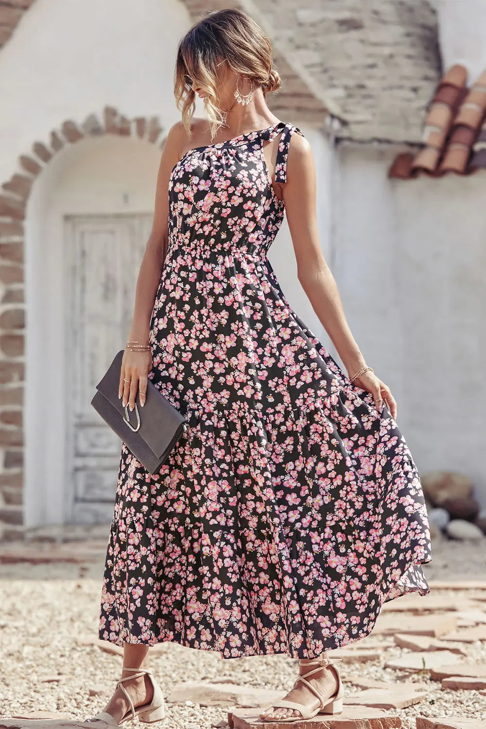 One Shoulder Ruffle Tie Floral Print Summer Maxi Dress PRETTYGARDEN