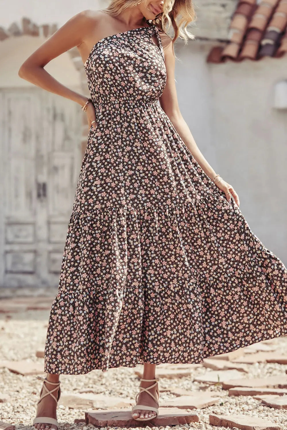 One Shoulder Ruffle Tie Floral Print Summer Maxi Dress PRETTYGARDEN