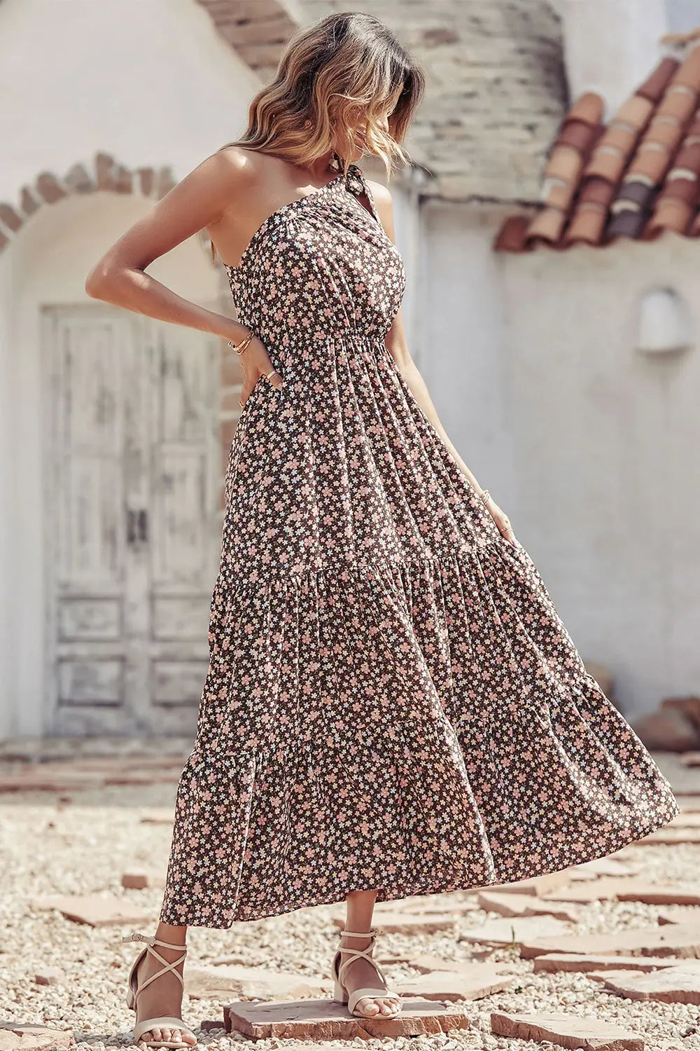 One Shoulder Ruffle Tie Floral Print Summer Maxi Dress PRETTYGARDEN