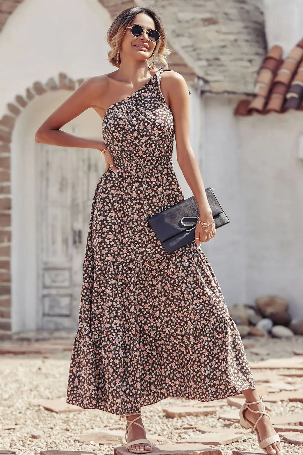 One Shoulder Ruffle Tie Floral Print Summer Maxi Dress PRETTYGARDEN