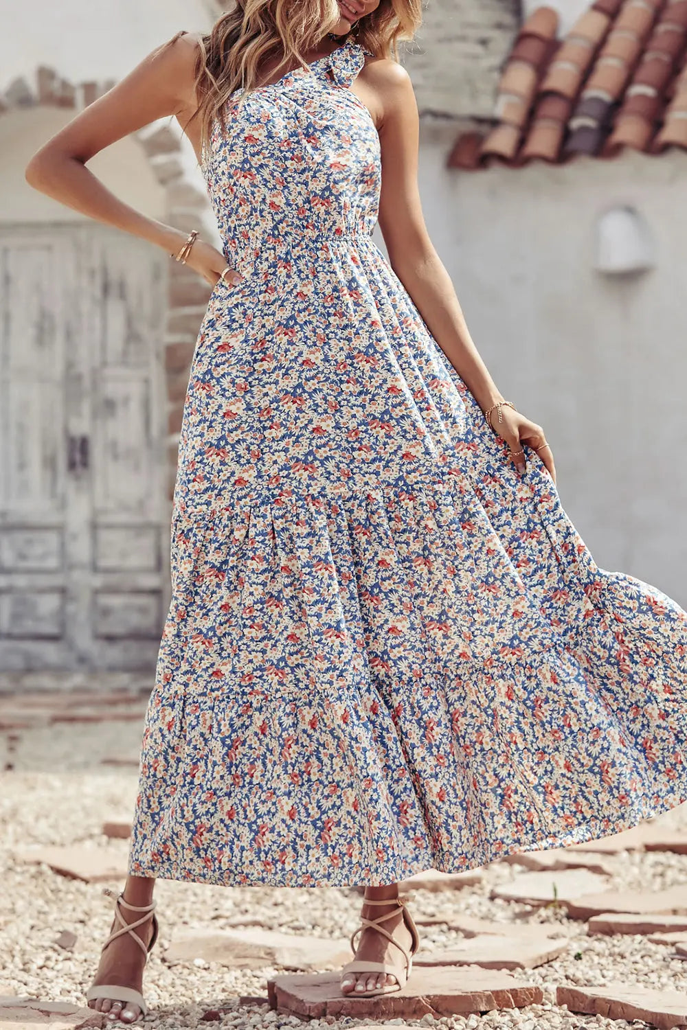 One Shoulder Ruffle Tie Floral Print Summer Maxi Dress PRETTYGARDEN