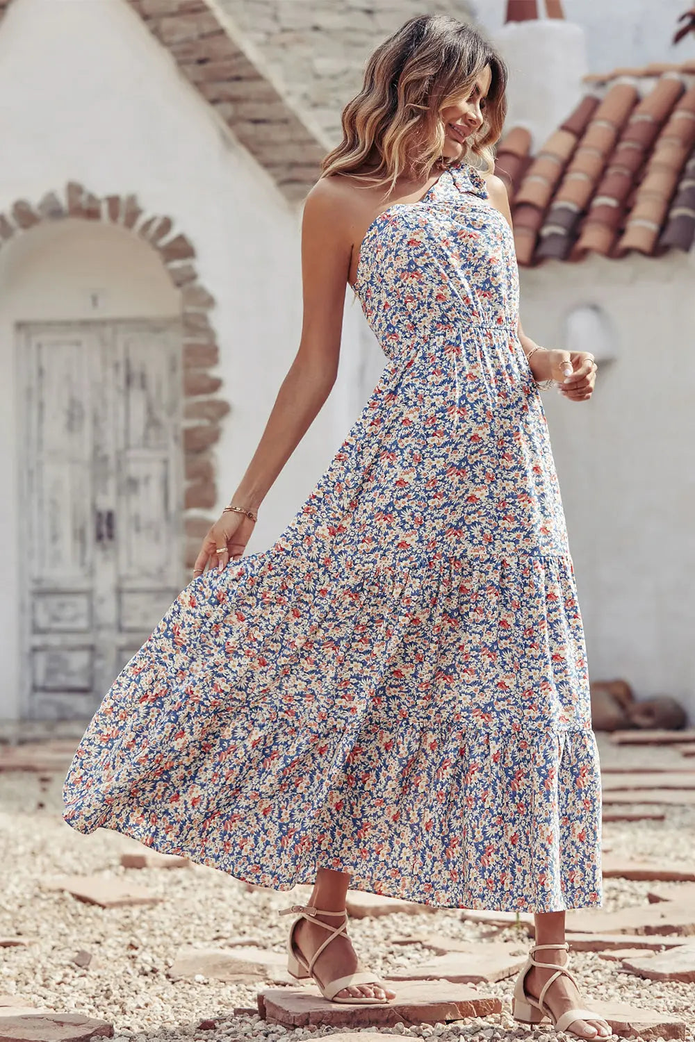 One Shoulder Ruffle Tie Floral Print Summer Maxi Dress PRETTYGARDEN