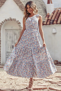 One Shoulder Ruffle Tie Floral Print Summer Maxi Dress PRETTYGARDEN