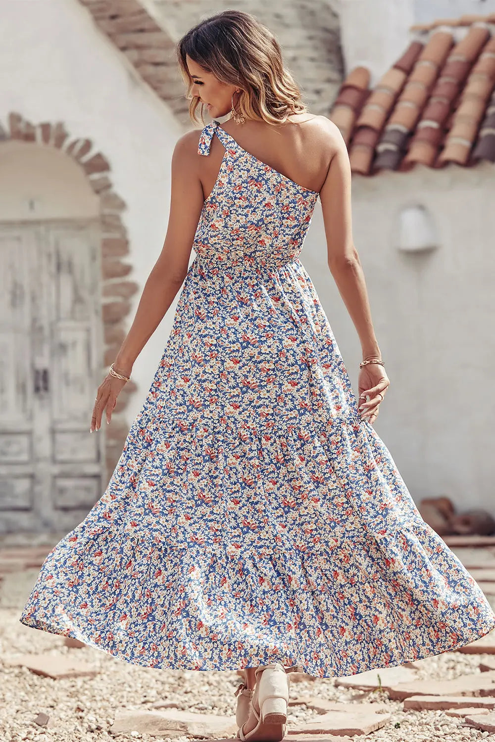 One Shoulder Ruffle Tie Floral Print Summer Maxi Dress PRETTYGARDEN